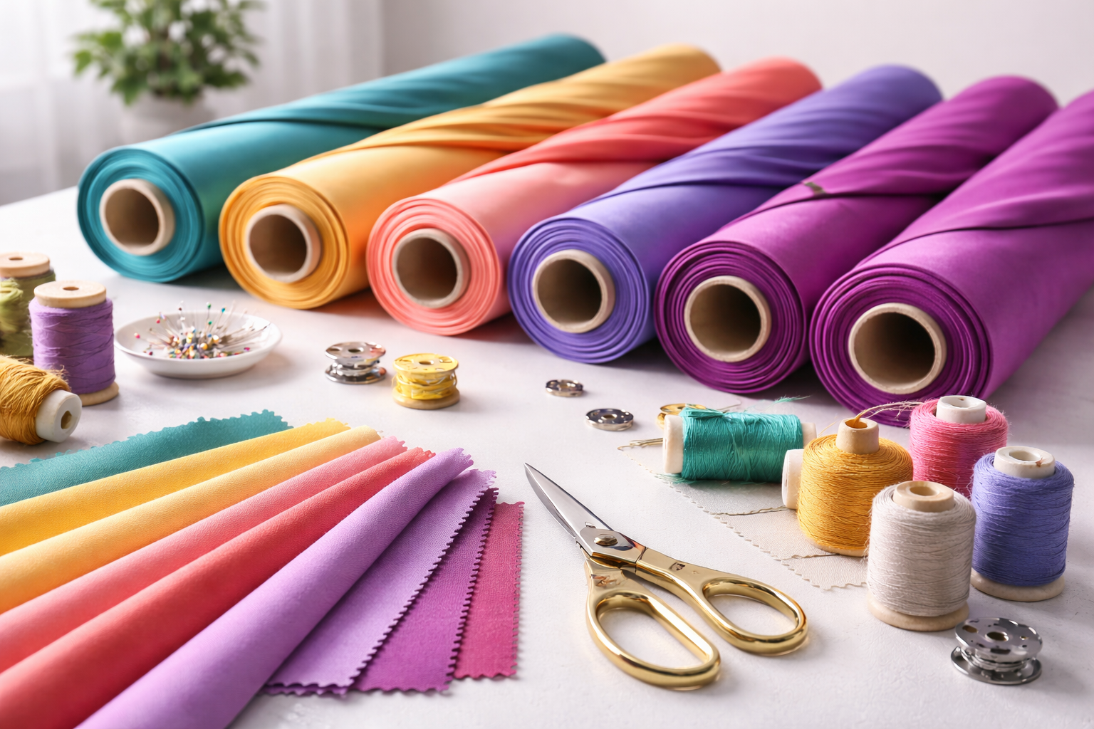 Rolos de tecido e itens de costura em composição ilustrativa